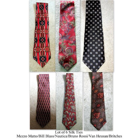 Lot 6 Silk Ties - Mezzo Matto/Bill Blass/Nautica/Bruno Rossi/Van Heusan/Britches - Picture 1 of 16